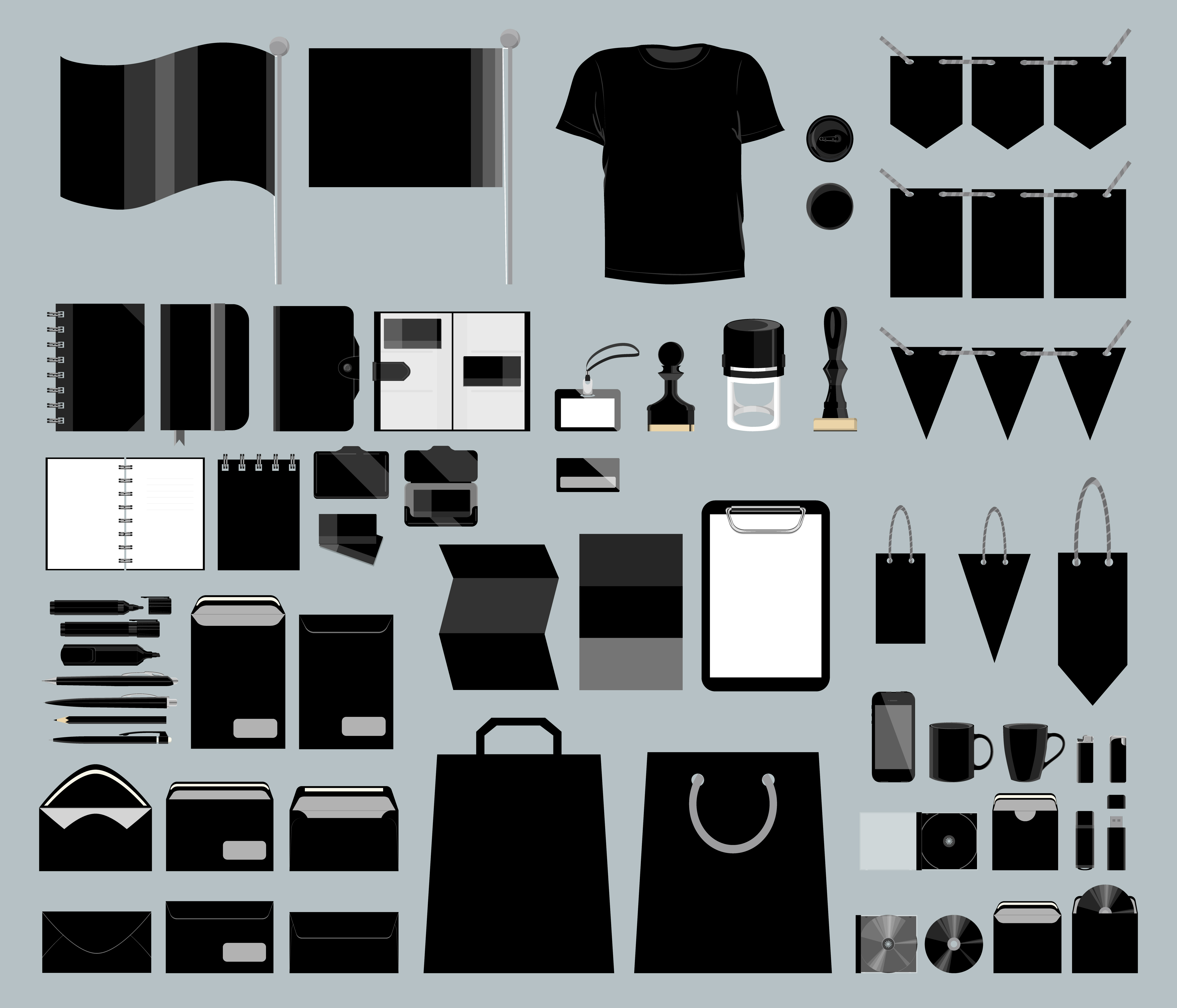 Corporate brand design set. Envelopes and t-shirts, stationary and more. Black colour.